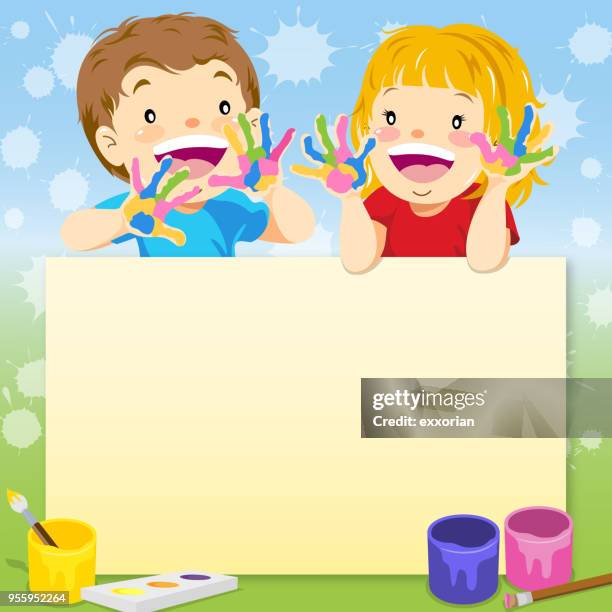 kids painting notice - friend mischief stock illustrations