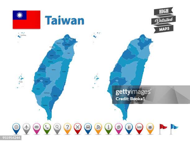 bildbanksillustrationer, clip art samt tecknat material och ikoner med taiwan - hög detaljerad karta med gps ikon insamling - kartograf