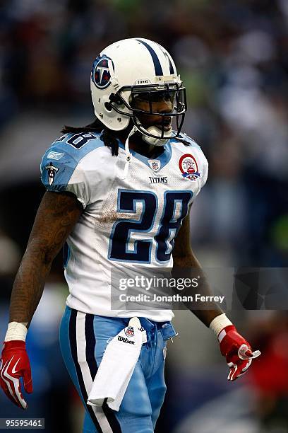 Chris Johnson of the Tennessee Titans plays against the Seattle Seahawks at Qwest Field on January 3, 2010 in Seattle, Washington. Johnson ran for...