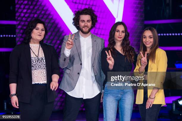 Maryam Tancredi, Andrea Butturini, Asia Sagripanti, Beatrice Pezzini attends 'The Voice Of Italy' final photocall on May 8, 2018 in Milan, Italy.