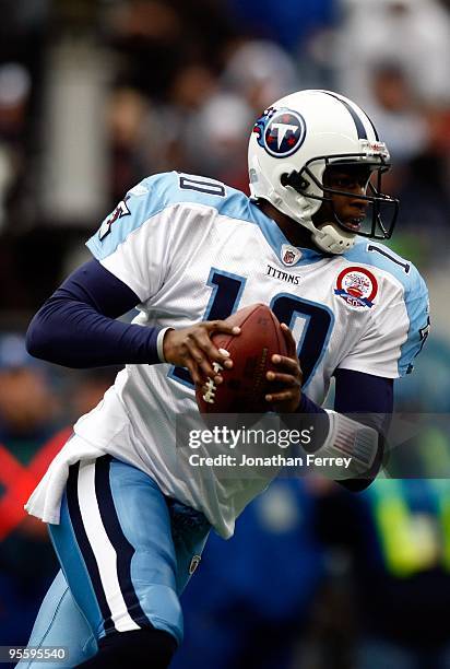 Vince Young of the Tennessee Titans plays against the Seattle Seahawks at Qwest Field on January 3, 2010 in Seattle, Washington.