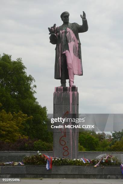 Photo taken on May 8, 2018 in Prague shows the monument of Soviet era World War II Commander Ivan Stepanovich Koniev stained with pink color. -...
