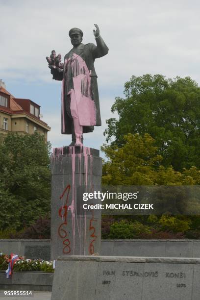 Photo taken on May 8, 2018 in Prague shows the monument of Soviet era World War II Commander Ivan Stepanovich Koniev stained with pink color. -...