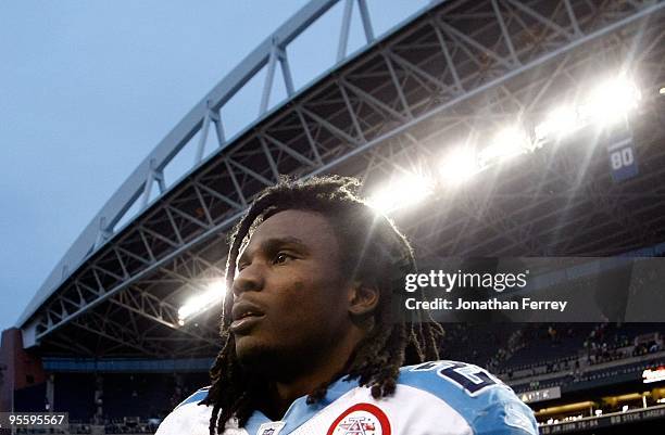 Chris Johnson of the Tennessee Titans plays against the Seattle Seahawks at Qwest Field on January 3, 2010 in Seattle, Washington. Johnson ran for...