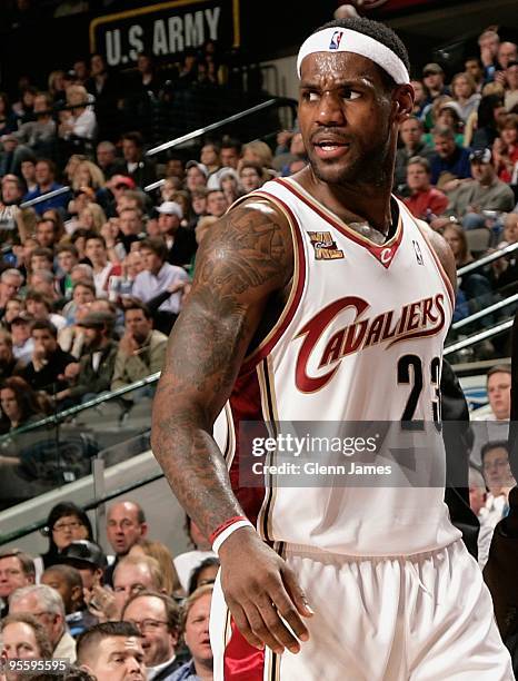 LeBron James of the Cleveland Cavaliers walks down the court during the game against the Dallas Mavericks at the American Airlines Center on December...