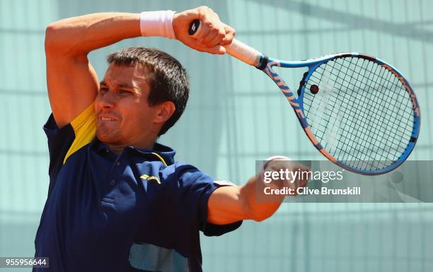 Evgeny Donskoy of Russia in action against Stefanos Tsitsipas of Greece in their first round match during day four of the Mutua Madrid Open tennis...