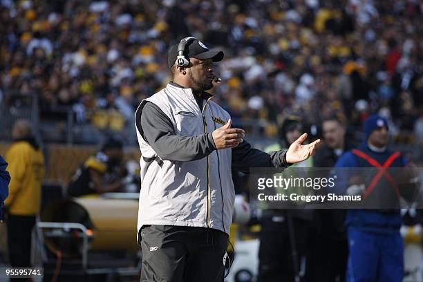 Head coach Mike Tomlin of the Pittsburgh Steelers looks on during the game against the Oakland Raiders on December 6, 2009 at Heinz Field in...
