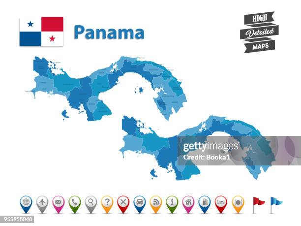ilustraciones, imágenes clip art, dibujos animados e iconos de stock de panamá - altos mapa detallado con gps icon collection - bandera panameña