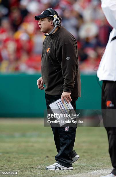 Head Coach Eric Mangini of the Cleveland Browns looks on from the side line during their NFL game against the Kansas City Chiefs on December 20, 2009...