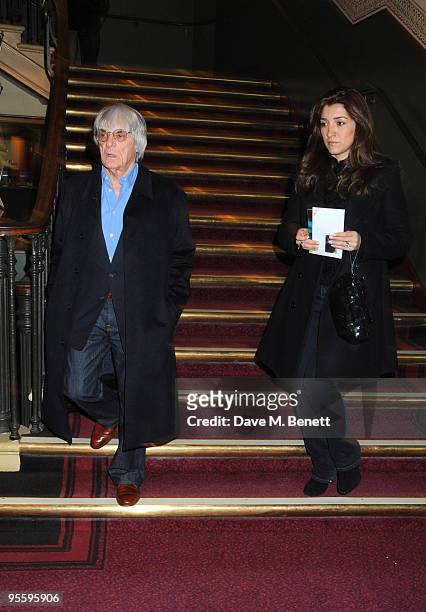 President of Formula One Bernie Ecclestone and Fabiana Flosi arrive at Cirque du Soleil's Varekai gala opening night at the Royal Albert Hall January...