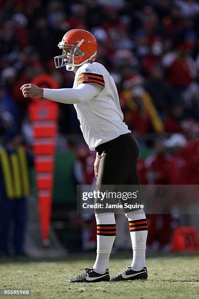 Kicker Phil Dawson of the Cleveland Browns waits to attempt a field goal during their NFL game against the Kansas City Chiefs on December 20, 2009 at...