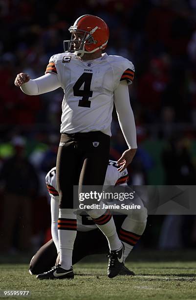 Kicker Phil Dawson of the Cleveland Browns watches his field goal attempt during their NFL game against the Kansas City Chiefs on December 20, 2009...