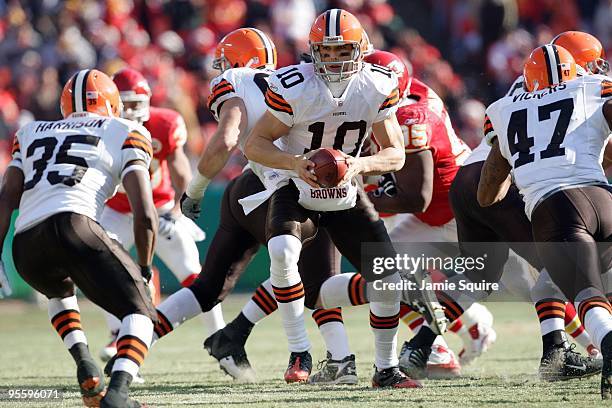 Quarterback Brady Quinn of the Cleveland Browns looks to hand off the ball during their NFL game against the Kansas City Chiefs on December 20, 2009...