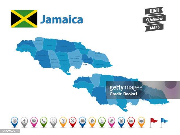 illustrations, cliparts, dessins animés et icônes de jamaïque - grande carte détaillée avec collection d’icônes gps - jamaican flag vector