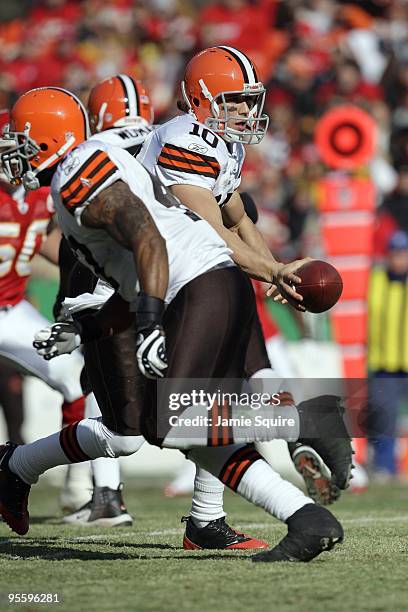 Quarterback Brady Quinn of the Cleveland Browns looks to hand the ball off during their NFL game against the Kansas City Chiefs on December 20, 2009...