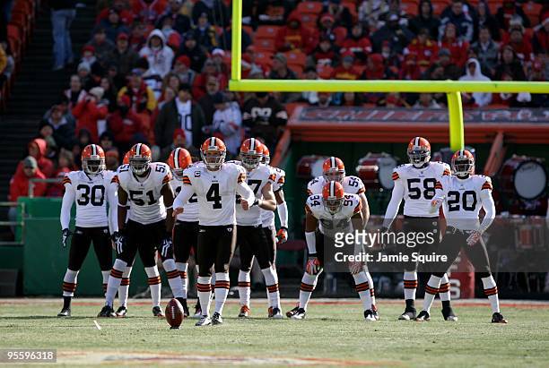 Kicker Phil Dawson of the Cleveland Browns waits to kick the ball off during their NFL game against the Kansas City Chiefs on December 20, 2009 at...