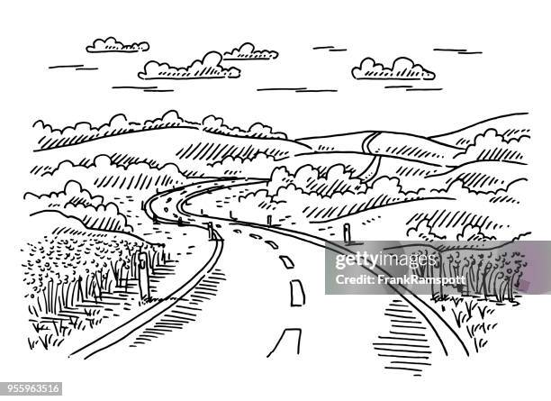 stockillustraties, clipart, cartoons en iconen met landelijke landschap weg tekening - asfalt