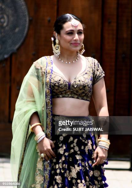 Indian Bollywood actress Rani Mukharjee arrives ahead of the marriage ceremony of Bollywood actress Sonam Kapoor in Mumbai on May 8, 2018.