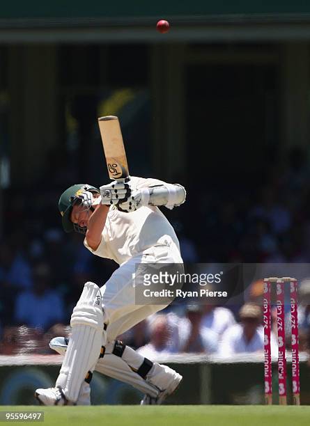 Peter Siddle of Australia is hit as he is dismissed by Mohammad Asif of Pakistan during day four of the Second Test match between Australia and...