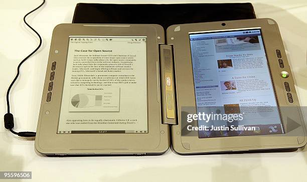 The Entourage Edge dual-screen Android e-reader is displayed during a press event at the Venetian for the 2010 International Consumer Electronics...