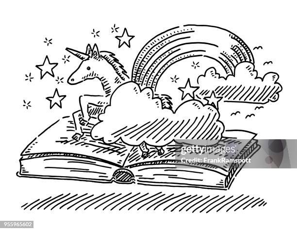 illustrazioni stock, clip art, cartoni animati e icone di tendenza di fantasy story book concept disegno unicorno - narrare storie