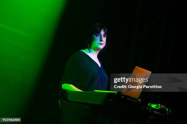 Keyboards player Gillian Gilbert of English band New Order performs live featuring artist Liam Gillick at OGR Officine Grandi Riparazioni on May 5,...