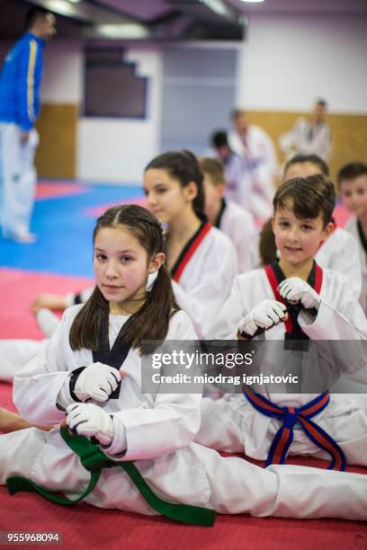 hebben een opleiding taekwondo - taekwondo kids stockfoto's en -beelden