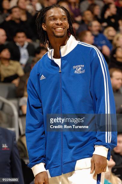 Chris Bosh of the Toronto Raptors smiles during the game against the New Jersey Nets on December 18, 2009 at Air Canada Centre in Toronto, Canada....