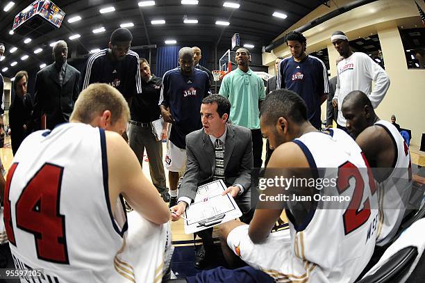 Head coach Will Voight of the Bakersfield Jam huddles with his players during the game against the Idaho Stampede on December 19, 2009 at Jam Events...