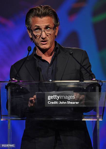 Actor Sean Penn presents the Frederick Loewe Award for Film Composing onstage at the 2010 Palm Springs International Film Festival gala held at the...