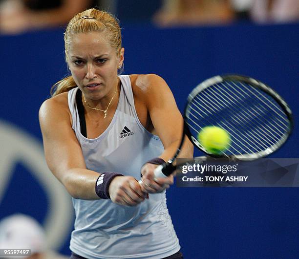 Sabine Lisicki of Germany returns against Laura Robson of Britain during their singles match on the seventh session, day five of the Hopman Cup in...