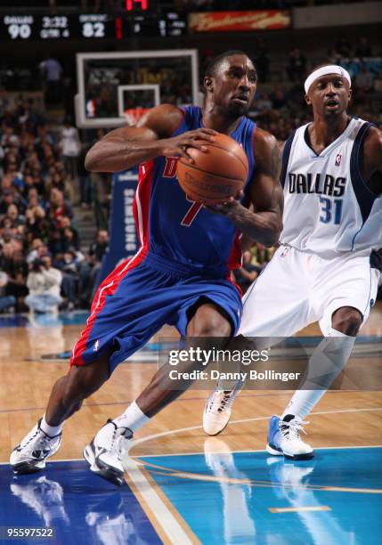 Ben Gordon of the Detroit Pistons drives against Jason Terry of the Dallas Mavericks during a game at the American Airlines Center on January 5, 2010...