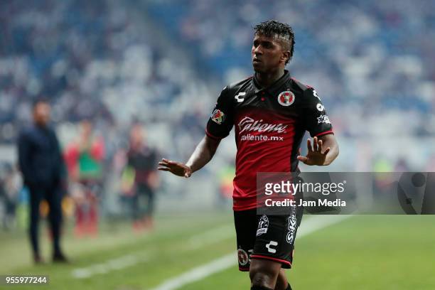 Miler Bolanos of Tijuana celebrates after scoring the second goal of his team during the quarter finals second leg match between Monterrey and...