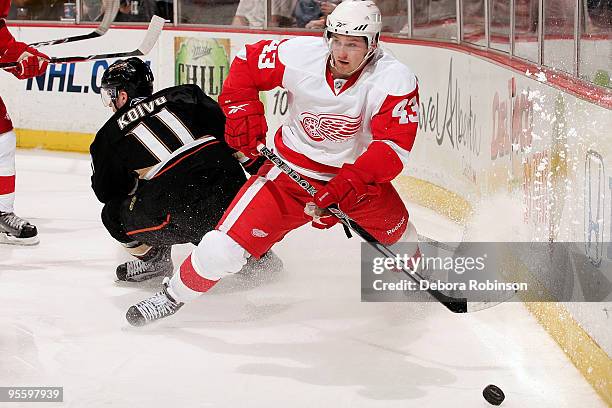 Darren Helm of the Detroit Red Wings handles the puck behind the net against Saku Koivu of the Anaheim Ducks during the game on January 5, 2010 at...