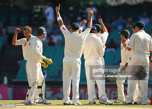 Nathan Hauritz of Australia celebrates dismissing Mohammad Sami of Pakistan after a successful third umpire decision during day four of the Second...