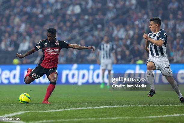 Miler Bolanos of Tijuana kicks the ball against Arturo Gonzalez of Monterrey during the quarter finals second leg match between Monterrey and Tijuana...