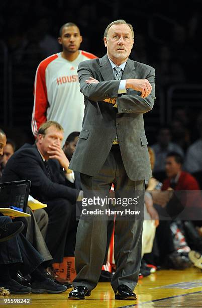 Head coach Rick Adelman of the Houston Rockets reacrts from the bench during an 88-79 loss to the Los Angeles Lakers at Staples Center on January 5,...