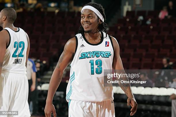 David Bailey of the Sioux Falls Skyforce smiles during a break in action against the Maine Red Claws during the 2010 D-League Showcase at Qwest Arena...