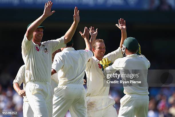 Nathan Hauritz of Australia celebrates after taking the wicket of Danish Kaneria of Pakistan during day four of the Second Test match between...