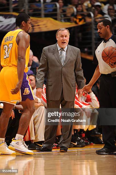 Head Coach Rick Adelman of the Houston Rockets reacts during a game against the Los Angeles Lakers at Staples Center on January 5, 2010 in Los...