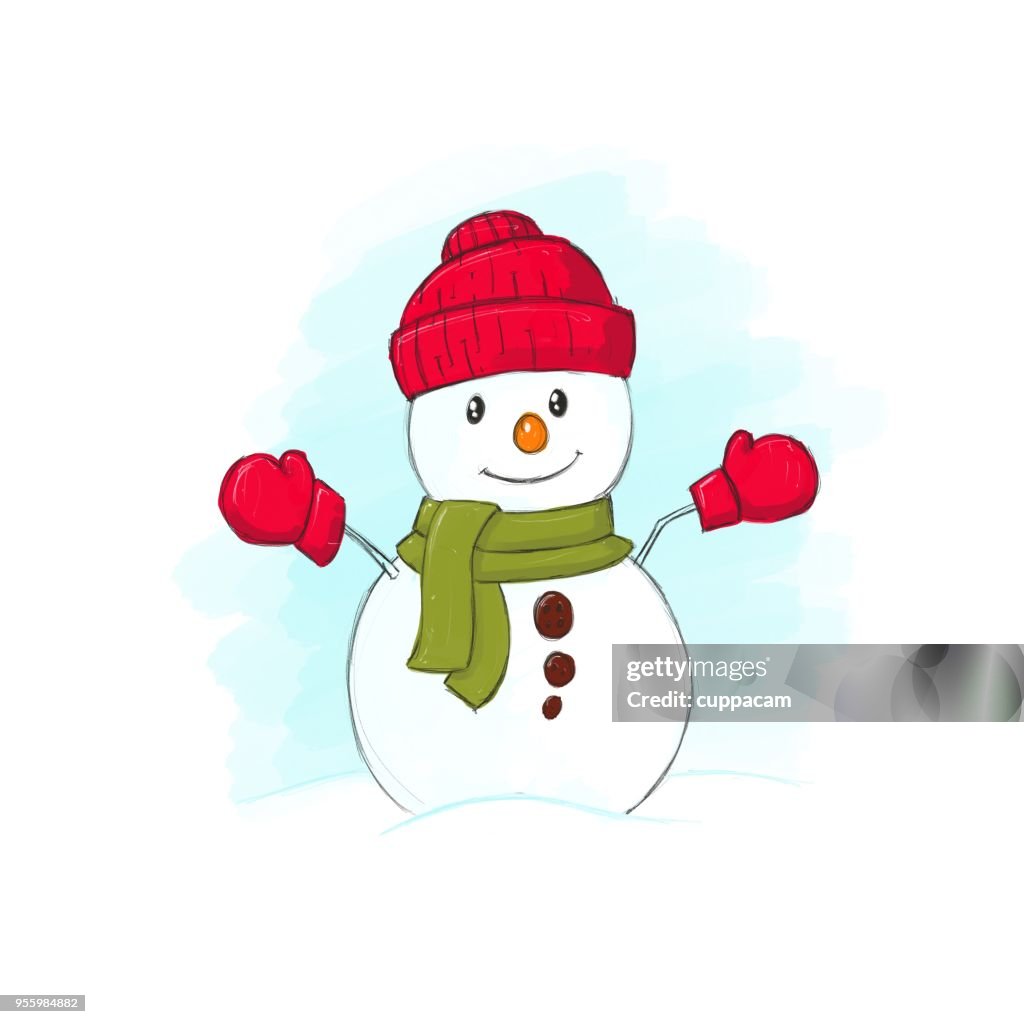 Smiling cartoon snowman in the snow