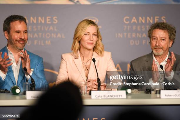 Jury member Denis Villeneuve, jury president Cate Blanchett and Robert Guediguian attend the Jury press conference during the 71st annual Cannes Film...