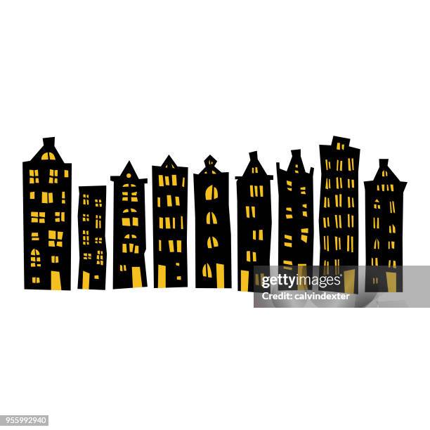 stockillustraties, clipart, cartoons en iconen met gebouwen in het donker - amsterdam night