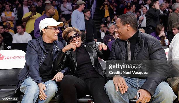 Jimmy Iovine, Mary J. Blige and Martin Kendu Isaacs attend a game between the Houston Rockets and the Los Angeles Lakers at Staples Center on January...