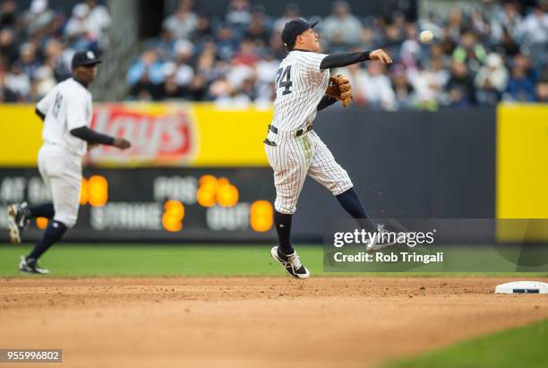 Ronald Torreyes of the New York Yankees fields his position during the game against the Tampa Bay Rays at Yankee Stadium on April 4, 2018 in the...