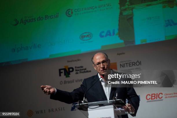 Brazil's presidential pre-candidate of the Brazilian Social Democratic Party Geraldo Alckmin speaks during the National Mayors Meeting in the city of...