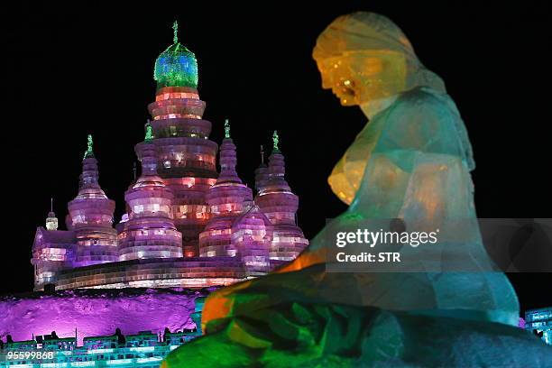 Ice scupltures are displayed at the annual Ice and Snow festival in Harbin, northeast China's Heilongjiang province on January 5, 2010. Fairy tale...