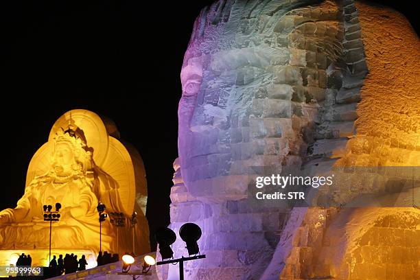 Ice scupltures are displayed at the annual Ice and Snow festival in Harbin, northeast China's Heilongjiang province on January 5, 2010. Fairy tale...