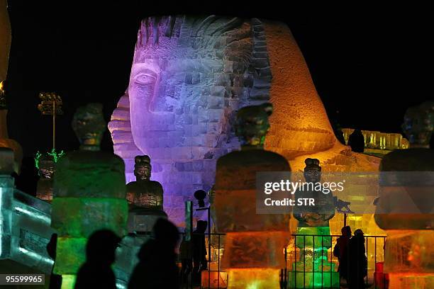 An ice scuplture of the Great Sphinx of Giza is displayed at the annual Ice and Snow festival in Harbin, northeast China's Heilongjiang province on...