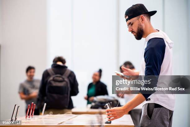 Matt Barnes of the Boston Red Sox visits the Apple Store on a team off-day on May 7, 2018 in New York City, New York.